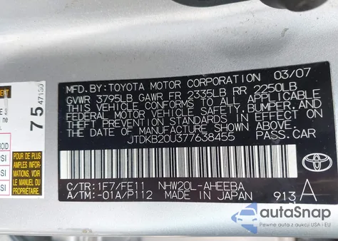 2007 Toyota Prius from USA, damaged, VIN JTDKB20U377638455